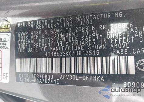2004 Toyota Camry Le/Xle/Se z USA, uszkodzony, nr VIN 4T1BE32K04U812516